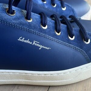 Salvatore Ferragamo Navy Blue Leather & Suede Sneakers